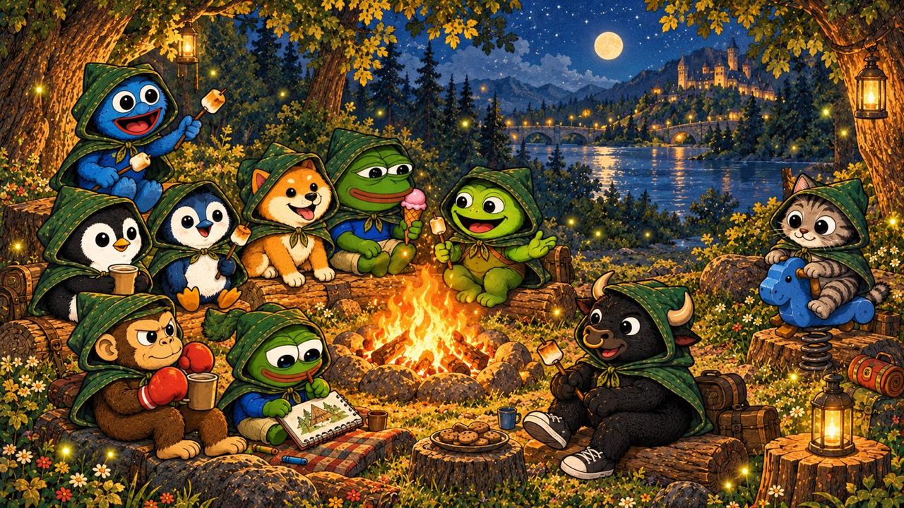 The crew around a campfire at night