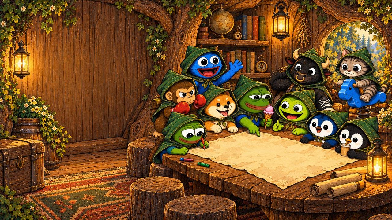 The crew planning around a map inside a treehouse